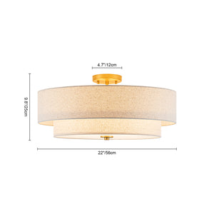 4-Light Tiered Beige Linen Round Drum Brass Semi Flush Mount
