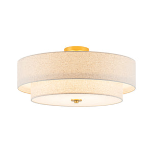 4-Light Tiered Beige Linen Round Drum Brass Semi Flush Mount