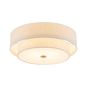 4-Light Tiered Beige Linen Round Drum Brass Semi Flush Mount