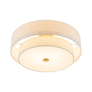 4-Light Tiered Beige Linen Round Drum Brass Semi Flush Mount