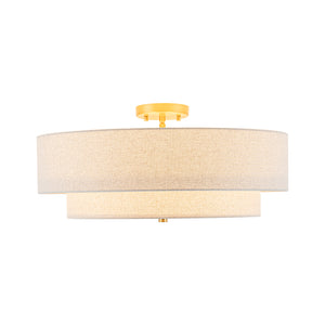 4-Light Tiered Beige Linen Round Drum Brass Semi Flush Mount