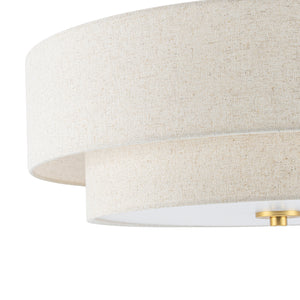4-Light Tiered Beige Linen Round Drum Brass Semi Flush Mount