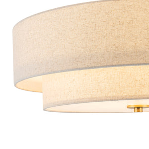 4-Light Tiered Beige Linen Round Drum Brass Semi Flush Mount