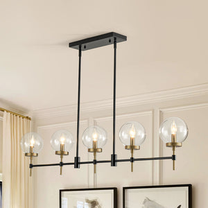 5-Light Black Brass Glass Globe Linear Island Chandelier
