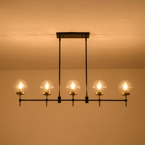 5-Light Black Brass Glass Globe Linear Island Chandelier