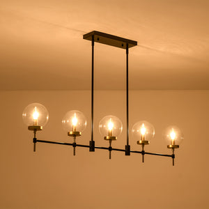 5-Light Black Brass Glass Globe Linear Island Chandelier