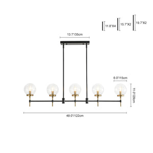 5-Light Black Brass Glass Globe Linear Island Chandelier