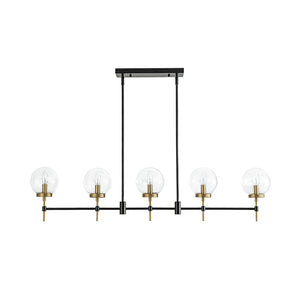 5-Light Black Brass Glass Globe Linear Island Chandelier