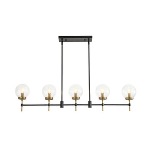 5-Light Black Brass Glass Globe Linear Island Chandelier