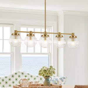 5-Light Brass Ribbed Glass Globe Linear Island Chandelier