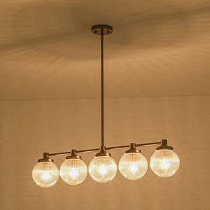 5-Light Brass Ribbed Glass Globe Linear Island Chandelier