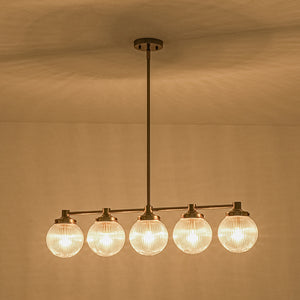 5-Light Brass Ribbed Glass Globe Linear Island Chandelier