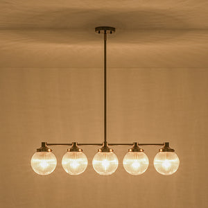5-Light Brass Ribbed Glass Globe Linear Island Chandelier