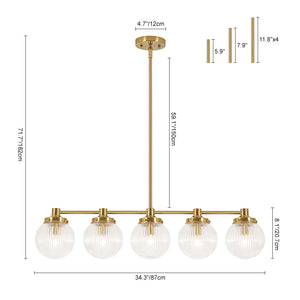 5-Light Brass Ribbed Glass Globe Linear Island Chandelier