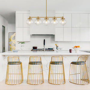 5-Light Brass Ribbed Glass Globe Linear Island Chandelier