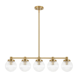 5-Light Brass Ribbed Glass Globe Linear Island Chandelier