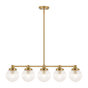 5-Light Brass Ribbed Glass Globe Linear Island Chandelier