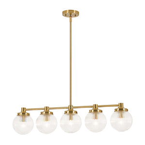 5-Light Brass Ribbed Glass Globe Linear Island Chandelier