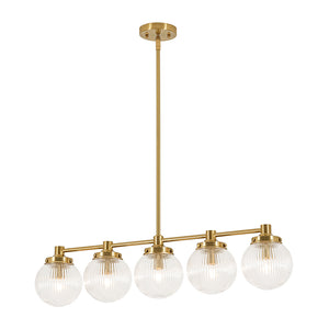 5-Light Brass Ribbed Glass Globe Linear Island Chandelier