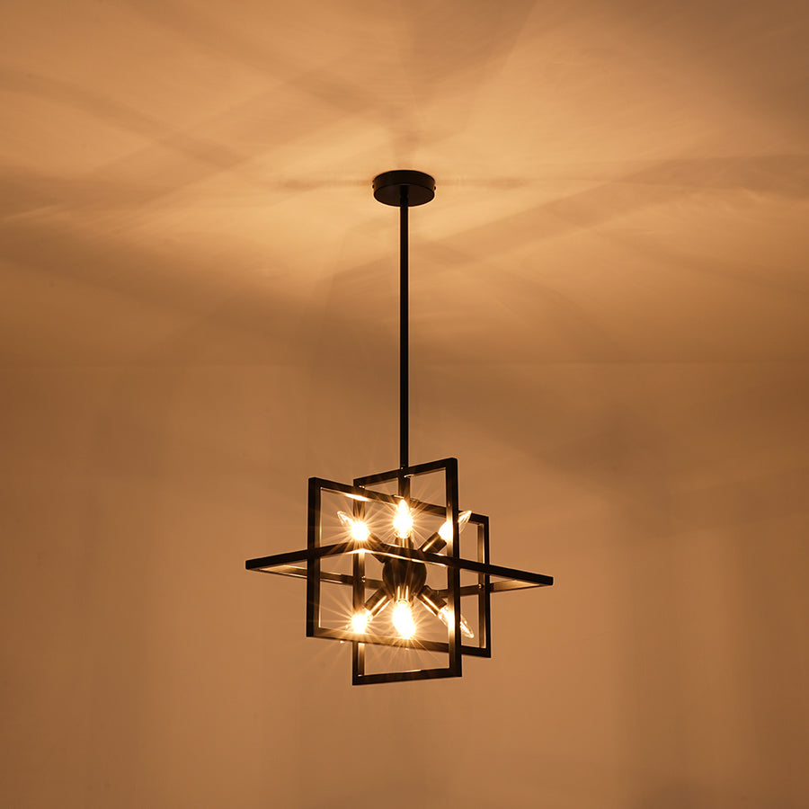 8-Light Vintage Sputnik Black Open Square Lantern Pendant