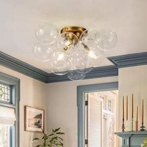 3-Light Brass Cluster Clear Glass Globe Bubble Ceiling Light