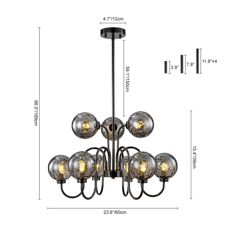 9-Light Hammered Smoked Glass Bubble Black Sputnik Chandelier