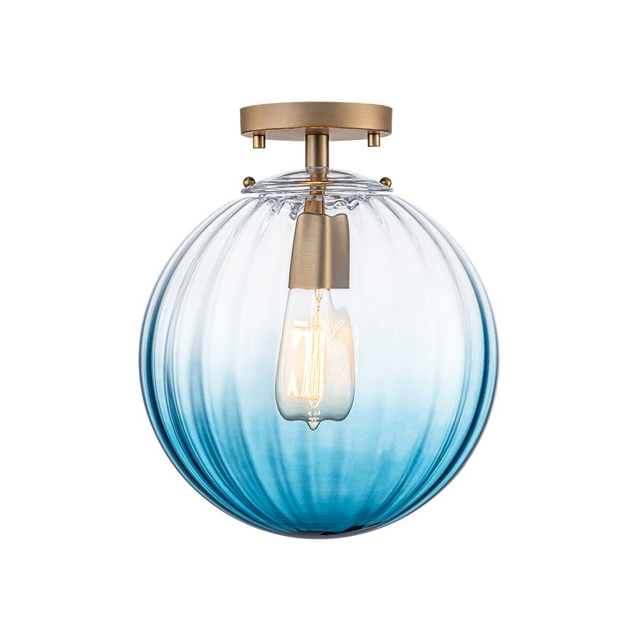 Art Deco 1-Light Blue Ribbed Glass Globe Semi Flush Mount