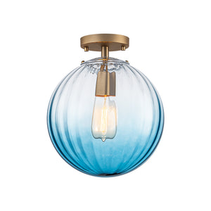 Art Deco 1-Light Blue Ribbed Glass Globe Semi Flush Mount