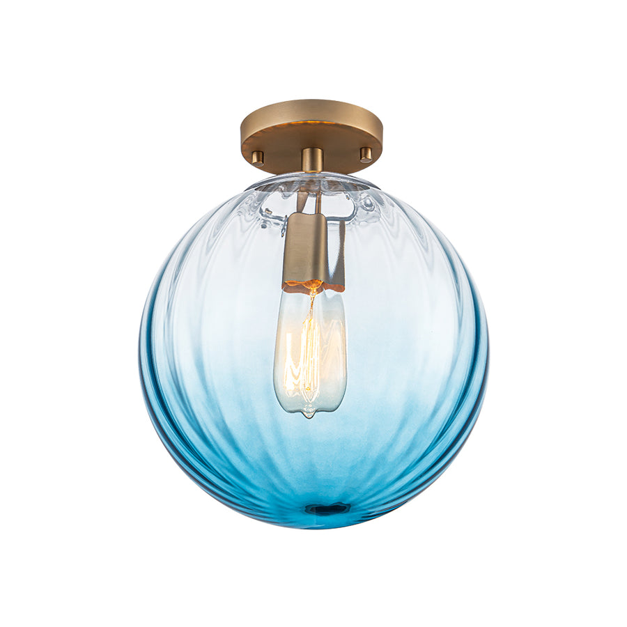 Art Deco 1-Light Blue Ribbed Glass Globe Semi Flush Mount