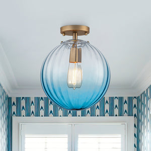 Art Deco 1-Light Blue Ribbed Glass Globe Semi Flush Mount