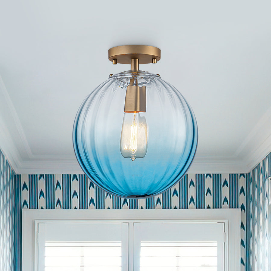 Art Deco 1-Light Blue Ribbed Glass Globe Semi Flush Mount