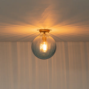 Art Deco 1-Light Blue Ribbed Glass Globe Semi Flush Mount