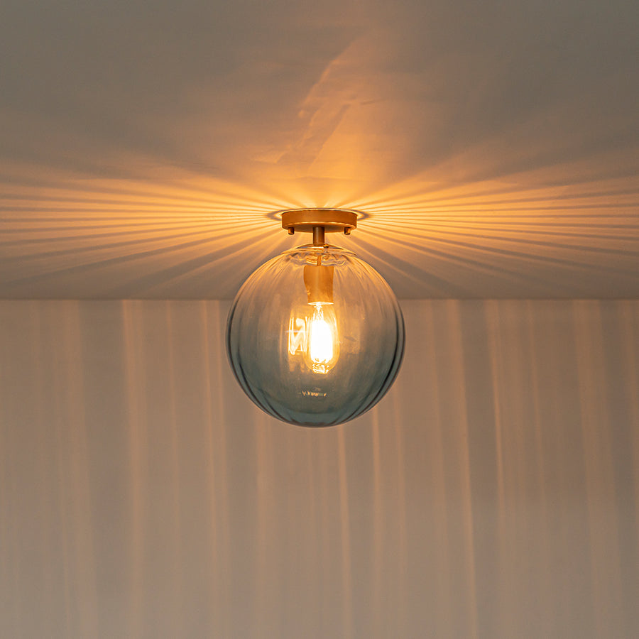 Art Deco 1-Light Blue Ribbed Glass Globe Semi Flush Mount