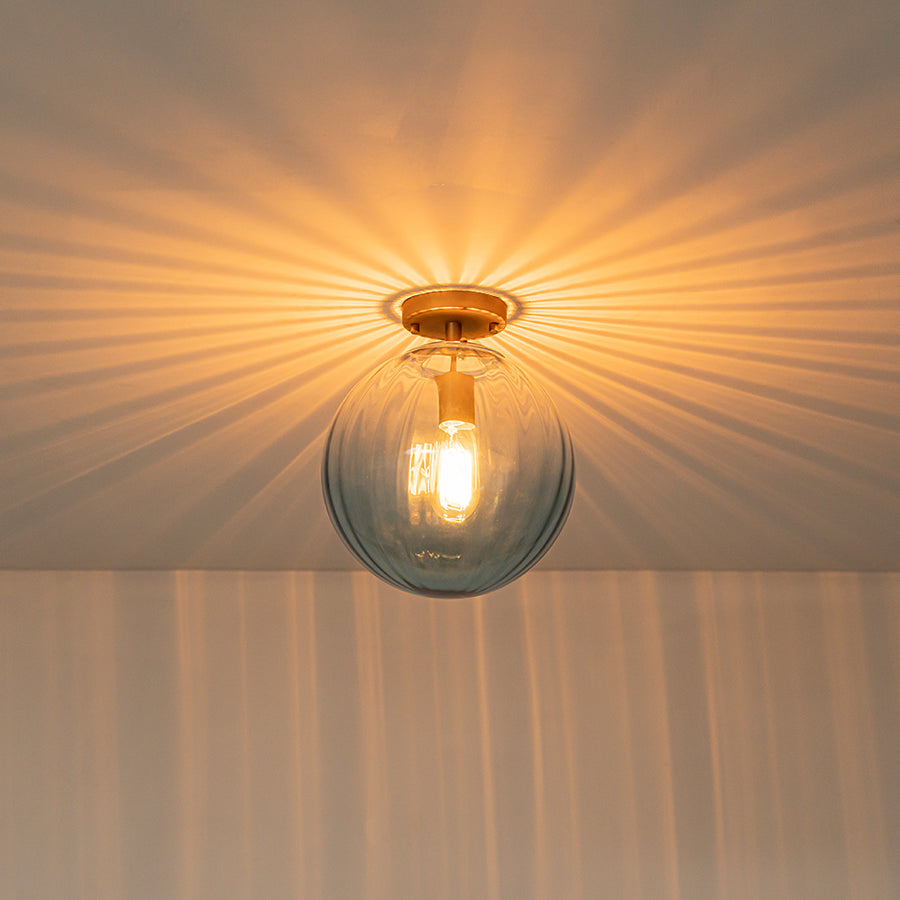 Art Deco 1-Light Blue Ribbed Glass Globe Semi Flush Mount