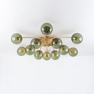Art Deco Bloom Olive Green Glass Bubble Semi Flush Chandelier