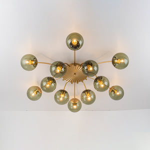 Art Deco Bloom Olive Green Glass Bubble Semi Flush Chandelier