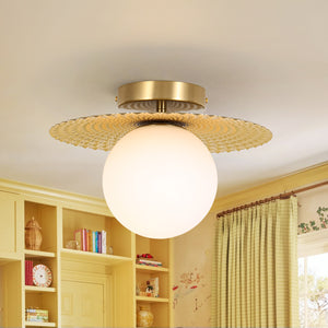 Art Deco Brass 1-Light Opal Glass Globe Semi Flush Mount