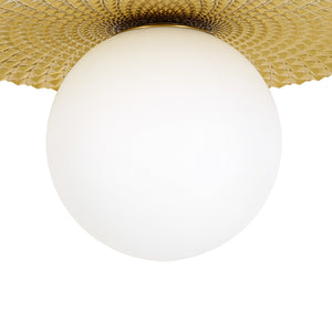 Art Deco Brass 1-Light Opal Glass Globe Semi Flush Mount