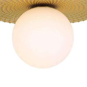 Art Deco Brass 1-Light Opal Glass Globe Semi Flush Mount