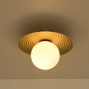 Art Deco Brass 1-Light Opal Glass Globe Semi Flush Mount