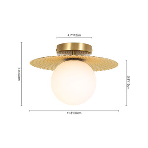 Art Deco Brass 1-Light Opal Glass Globe Semi Flush Mount