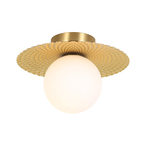 Art Deco Brass 1-Light Opal Glass Globe Semi Flush Mount