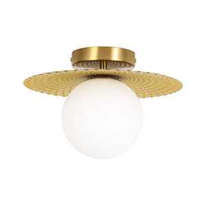 Art Deco Brass 1-Light Opal Glass Globe Semi Flush Mount