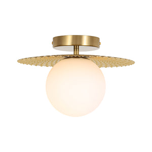 Art Deco Brass 1-Light Opal Glass Globe Semi Flush Mount