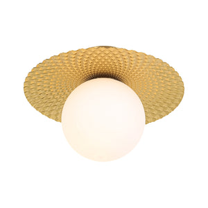 Art Deco Brass 1-Light Opal Glass Globe Semi Flush Mount