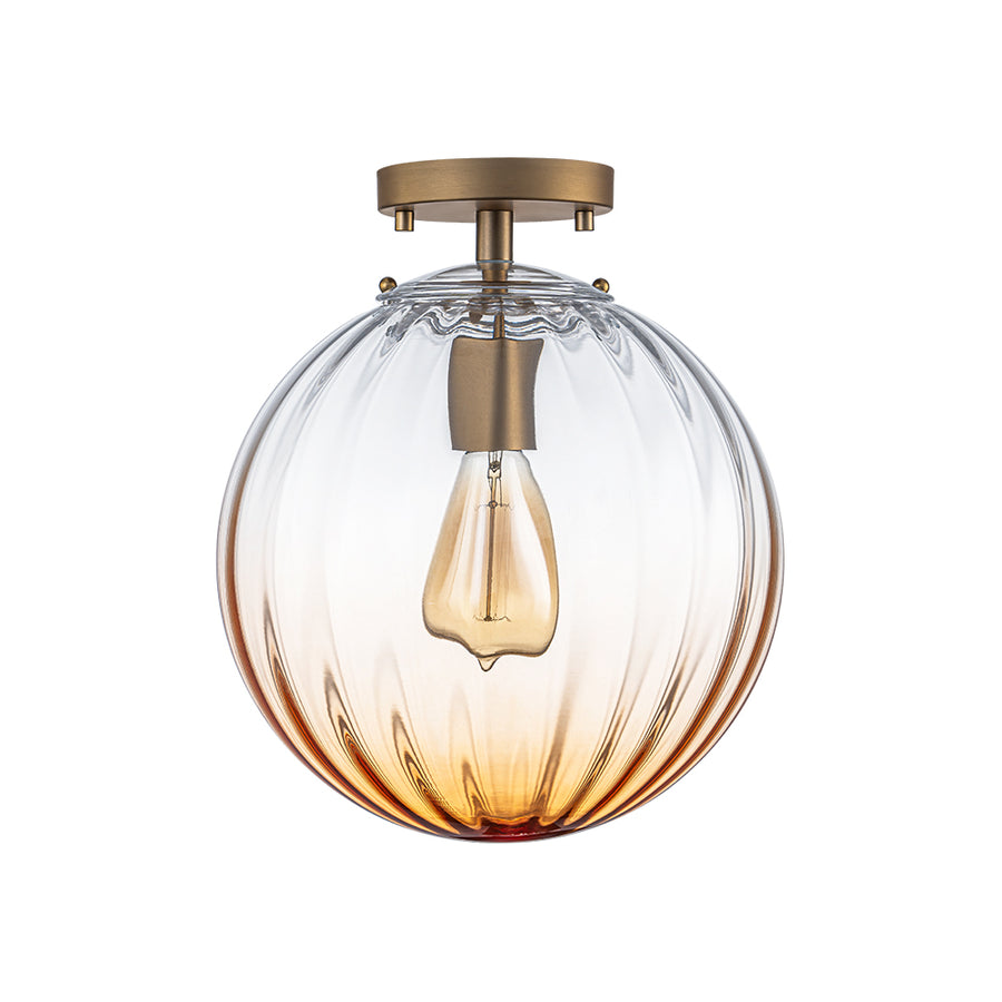Art Deco 1-Light Blue Ribbed Glass Globe Semi Flush Mount