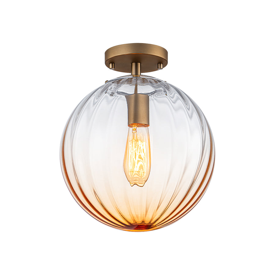 Art Deco 1-Light Blue Ribbed Glass Globe Semi Flush Mount