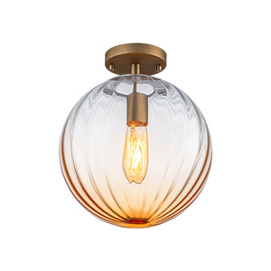 Art Deco 1-Light Blue Ribbed Glass Globe Semi Flush Mount