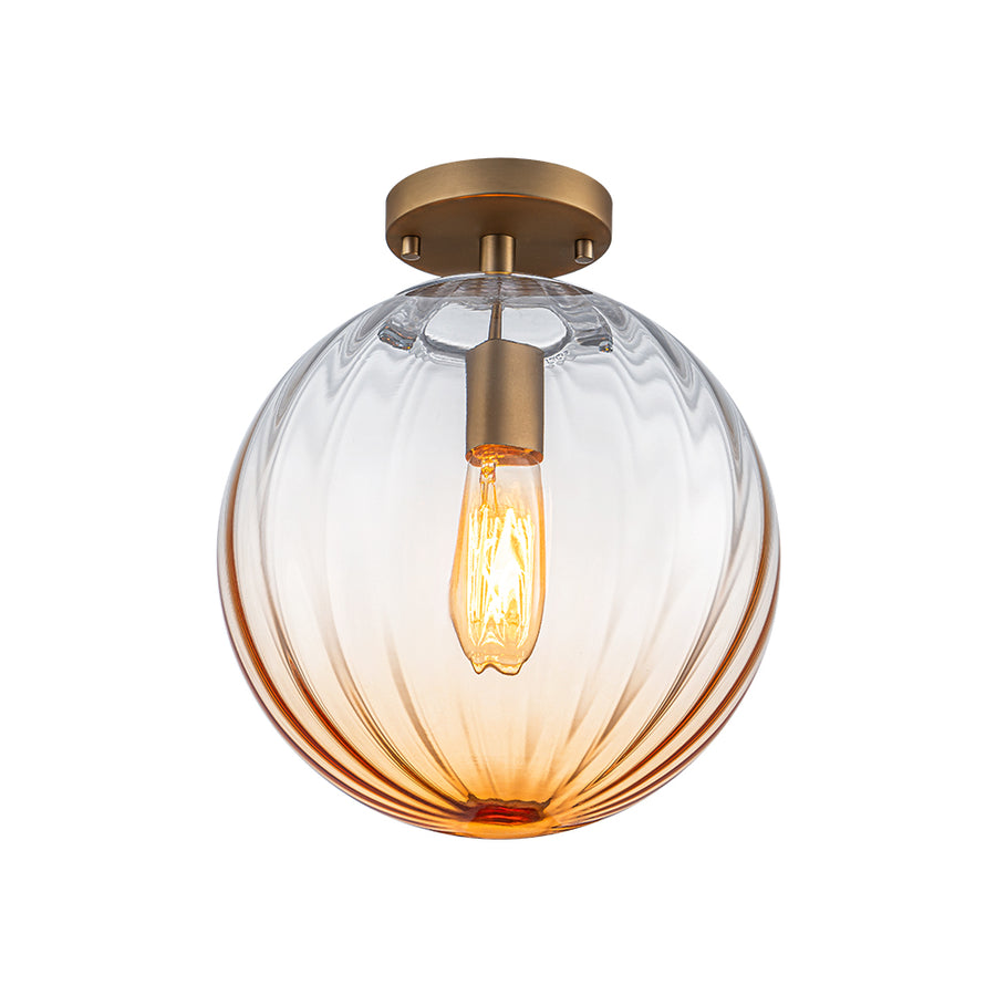 Art Deco 1-Light Blue Ribbed Glass Globe Semi Flush Mount