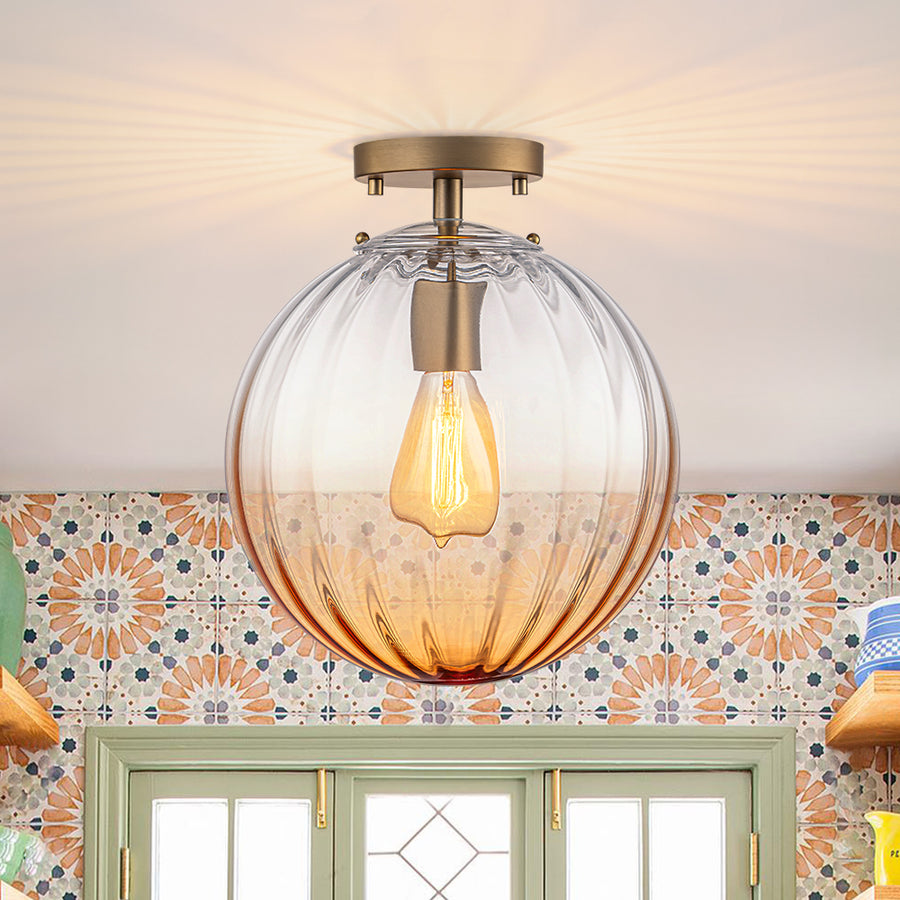 Art Deco 1-Light Blue Ribbed Glass Globe Semi Flush Mount